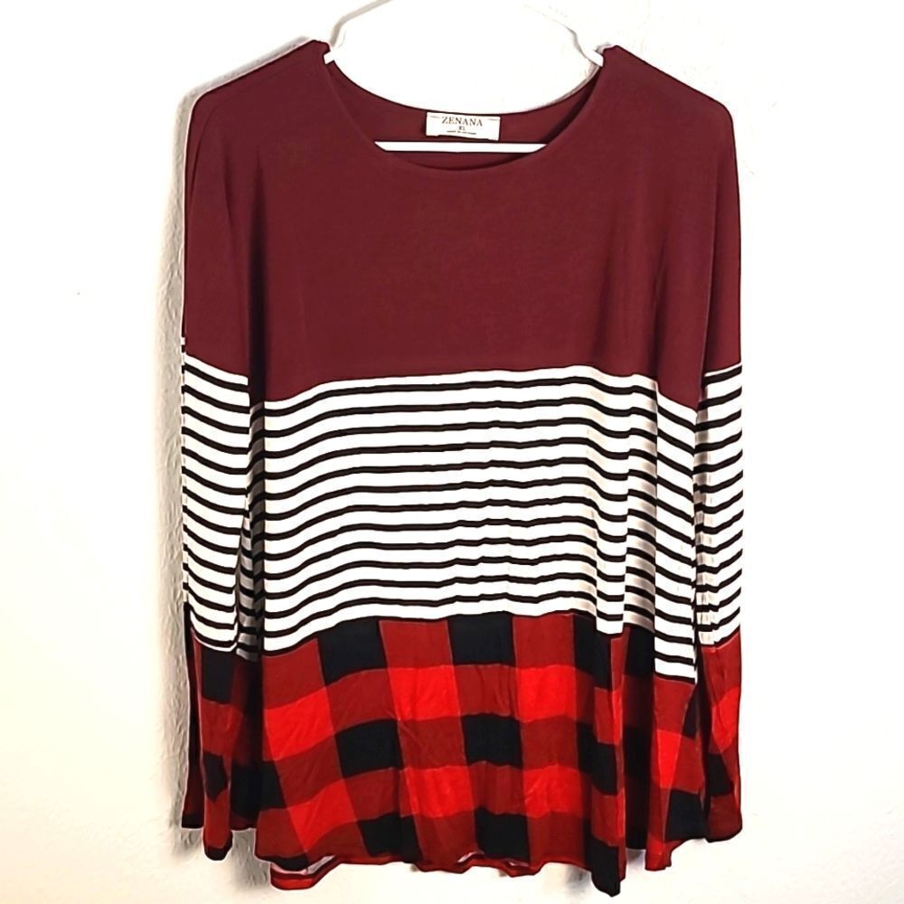 Zenana Colorblock Longsleeve T-Shirt, Maroon, Stripes & Checks, Size XL, NWOT